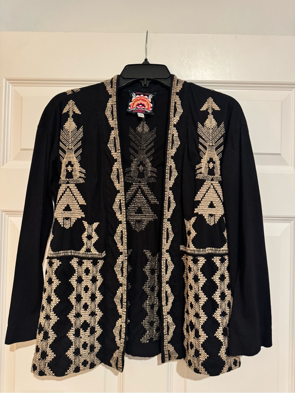 Johnny Was Black and Tan Embroidered Open-Front Jacket kimono sweater size xs/m